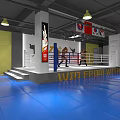 Indoor Boxing Gym Training Area With Ring And Sparring Athletes On Blue Mat Floor