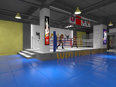 Indoor Boxing Gym Training Area With Ring And Sparring Athletes On Blue Mat Floor 3d model