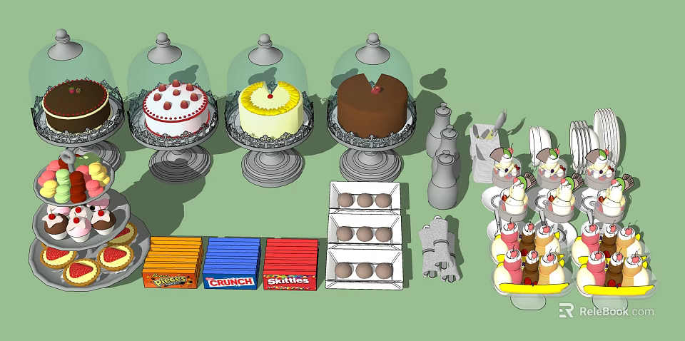 Assorted Delicious Cakes in Glass Covers with Colorful Biscuit Boxes and Pastries 3d model 