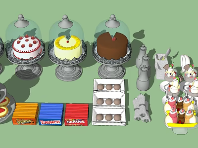 Assorted Delicious Cakes in Glass Covers with Colorful Biscuit Boxes and Pastries 3d model