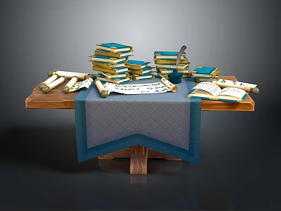 Vintage Study Table Setup With Stacked Books Ancient Scrolls Open Books And Blue Tablecloth 3d model