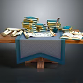 Vintage Study Table Setup With Stacked Books Ancient Scrolls Open Books And Blue Tablecloth