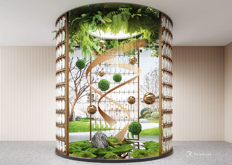Circular Indoor Landscape With Metal Frame Green Plants Spiral Decor And Hanging Spheres 3d model 