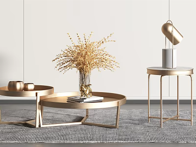 Elegant Gold Coffee Table With Dried Flowers Vase Books On Woven Rug And Side Table 3d model