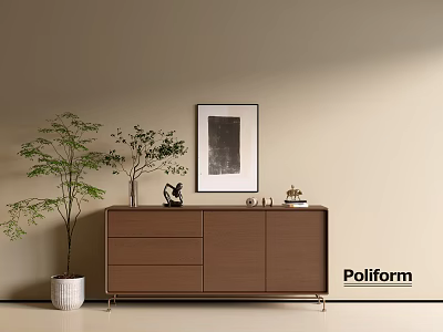 Brown Console Cabinet With Drawers Doors And Decorative Items Alongside Green Plant And Wall Painting 3d model