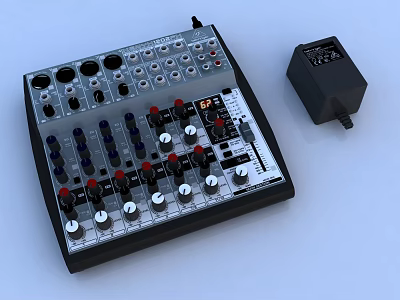 Professional Audio Mixer Commercial Equipment With Multiple Knobs Faders And Power Adapter 3d model