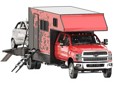 Red Pickup Truck Transporting White Small Car With Camouflage Trailer And White Roof 3d model