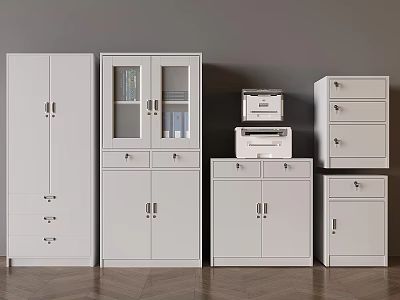 Modern White Storage Cabinets With Glass Door Drawers For Home Office Organization 3d model