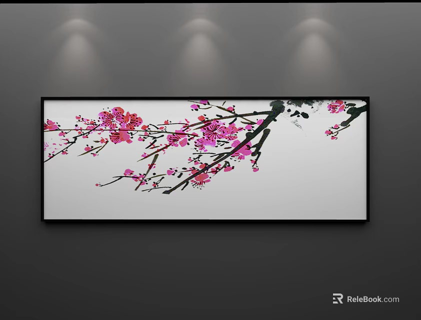 Pink Plum Blossom Plant Painting With Black Frame On White Background Under Spotlight 3d model 