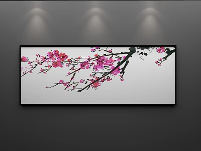 Pink Plum Blossom Plant Painting With Black Frame On White Background Under Spotlight 3d model