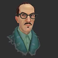 Man With Glasses And Mustache Wearing Green Shirt And Green Coat On Dark Background