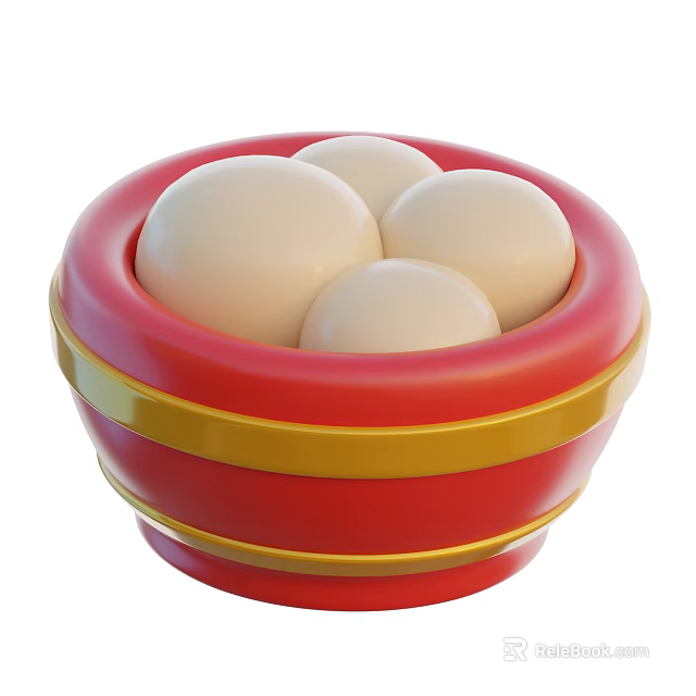 White Round Food Balls Served in Red and Yellow Striped Bowl 3d model 