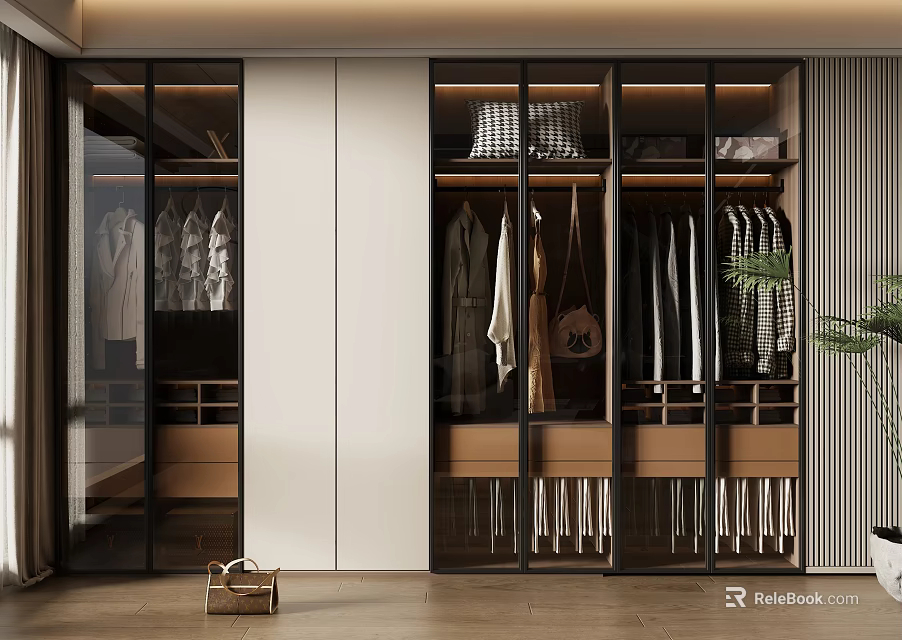 Modern Organized Walk-in Closet Interior Design With Glass Doors Hanging Clothes And Storage Shelves 3d model 