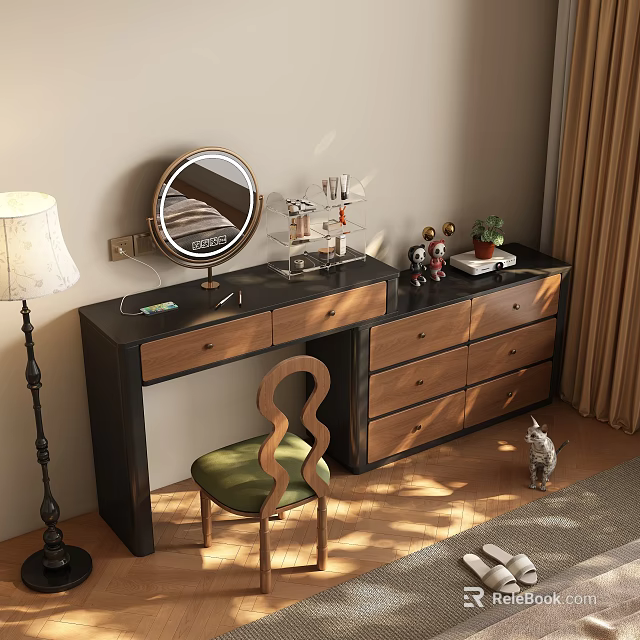 Elegant Wooden Dressing Table With Round Mirror Green Chair And Storage Drawers 3d model 