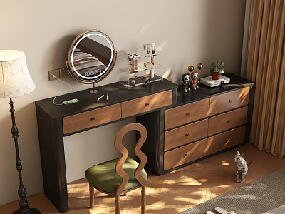 Elegant Wooden Dressing Table With Round Mirror Green Chair And Storage Drawers 3d model