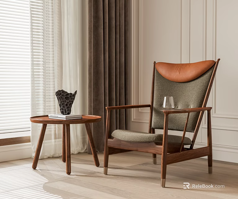 Modern Leisure Accent Chair With Wooden Frame Leather Back Fabric Seat And Side Table 3d model 