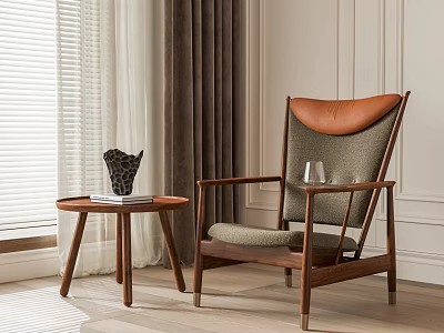Modern Leisure Accent Chair With Wooden Frame Leather Back Fabric Seat And Side Table 3d model