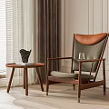Modern Leisure Accent Chair With Wooden Frame Leather Back Fabric Seat And Side Table