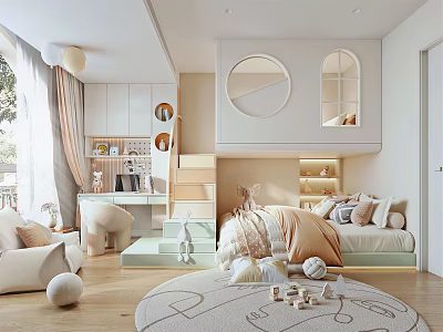 Modern Cozy Kids Room Interior Design With Soft Bed Study Desk Play Rug And Decorations 3d model