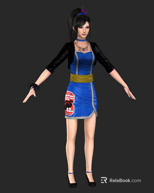 A Woman Wearing Blue Dress With Black Sleeves Yellow Belt And Red Label 3d model 