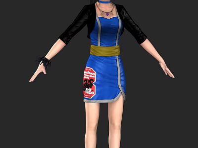 A Woman Wearing Blue Dress With Black Sleeves Yellow Belt And Red Label 3d model