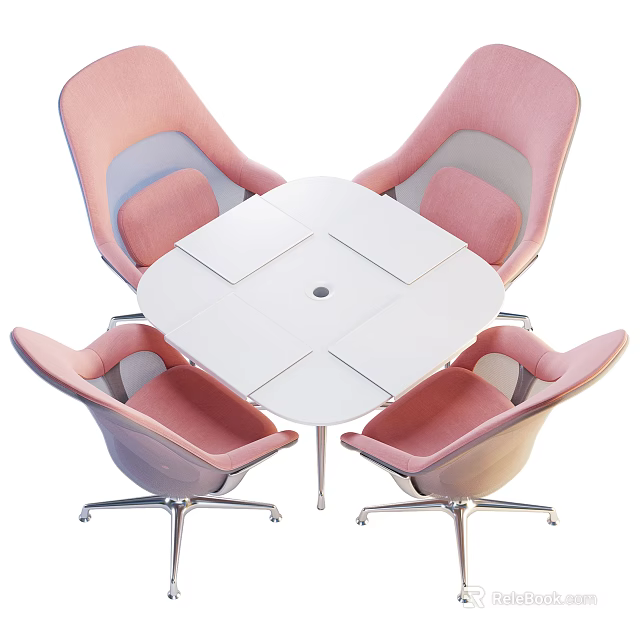 White Square Conference Table With Four Pink Comfortable Chairs In Modern Design 3d model 