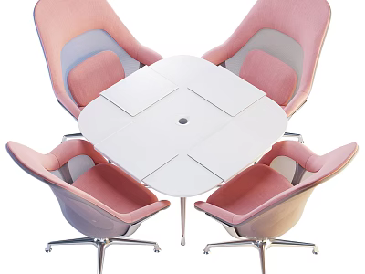 White Square Conference Table With Four Pink Comfortable Chairs In Modern Design 3d model