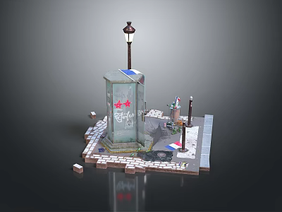 3D Model Street Scene With Street Lamp Stone Monument And Brick Pavement 3d model