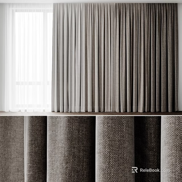 Soft Gray Linen Curtains With Modern Texture Design For Living Room Windows 3d model 