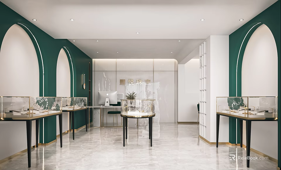 Luxury Jewelry Store Interior With Green White Walls Arched Design Marble Floor And Display Cases 3d model 