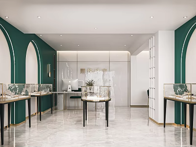 Luxury Jewelry Store Interior With Green White Walls Arched Design Marble Floor And Display Cases 3d model