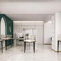 Luxury Jewelry Store Interior With Green White Walls Arched Design Marble Floor And Display Cases