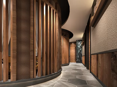 Hotel Corridor Interior with Wooden Paneling Curved Design and Stone Floor Lighting 3d model
