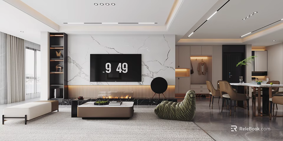 Modern Living And Dining Room With Marble Wall TV Unit Sofa And Dining Table 3d model