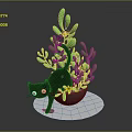 Cute Black Cat In Flower Pot With Green Plants Yellow Flowers And White Base