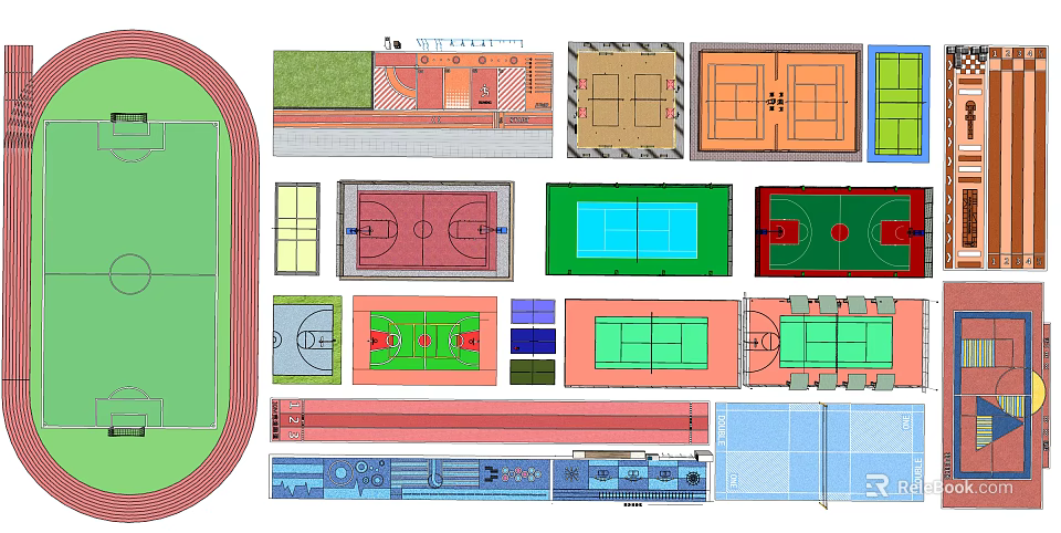 Various Sports Court Layout Plans With Basketball Tennis And Running Track Designs 3d model 