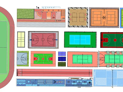 Various Sports Court Layout Plans With Basketball Tennis And Running Track Designs 3d model
