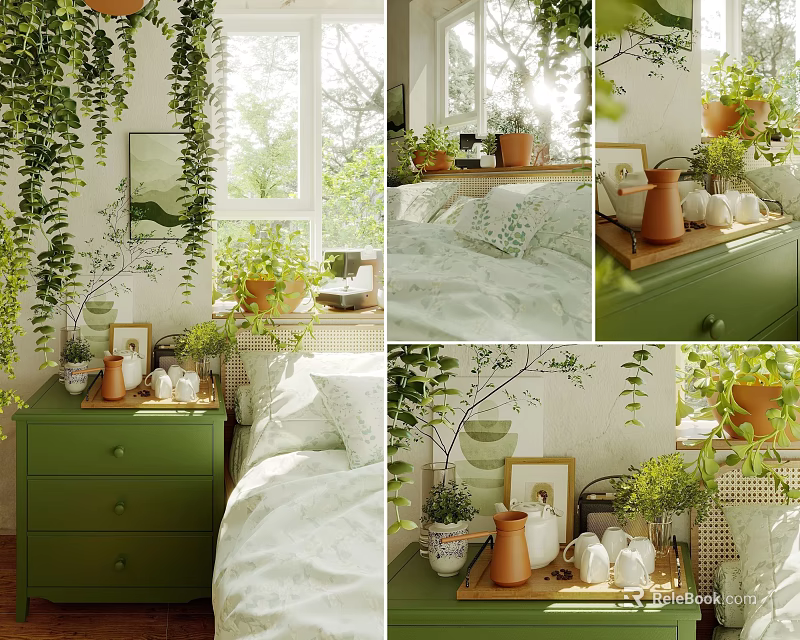 Cozy Bedroom Interior With Green Dresser White Bedding Hanging Plants And Sunlit Windows 3d model 
