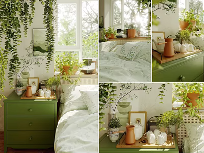 Cozy Bedroom Interior With Green Dresser White Bedding Hanging Plants And Sunlit Windows 3d model