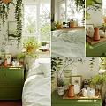Cozy Bedroom Interior With Green Dresser White Bedding Hanging Plants And Sunlit Windows
