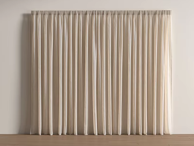 Beige Lightweight Long Curtains Hanging Against White Wall With Wooden Floor 3d model