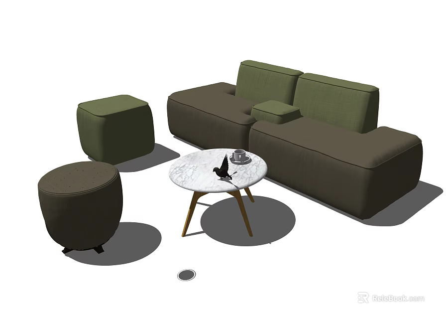 Modern Green Sofa Coffee Table Set With Round Marble Top And Ottoman Seats 3d model