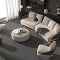 Modern Living Room Interior Design With Light Gray Sectional Sofa Round Coffee Table And Armchairs