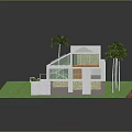 Cartoon Scenery Of Modern White House With Green Lawn Palm Trees And Solar Panels