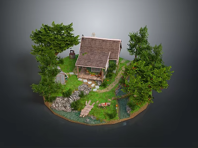 Miniature Wooden House with Trees Grass Stream Stone Bridge and Stones as Home Decorative Item 3d model