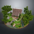 Miniature Wooden House with Trees Grass Stream Stone Bridge and Stones as Home Decorative Item