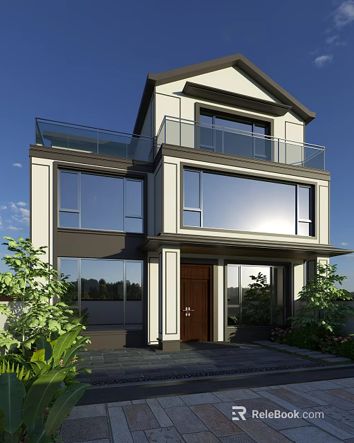 Modern Detached Villa With Large Glass Windows And Second Floor Glass Railing Balcony 3d model 