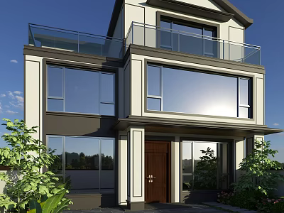 Modern Detached Villa With Large Glass Windows And Second Floor Glass Railing Balcony 3d model