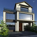 Modern Detached Villa With Large Glass Windows And Second Floor Glass Railing Balcony