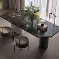Elegant Modern Black Marble Dining Table Set With Chairs Green Plants And Stacked Books